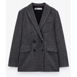 ZARA Grey Wool Blend Houndstooth Double-Breasted Blazer